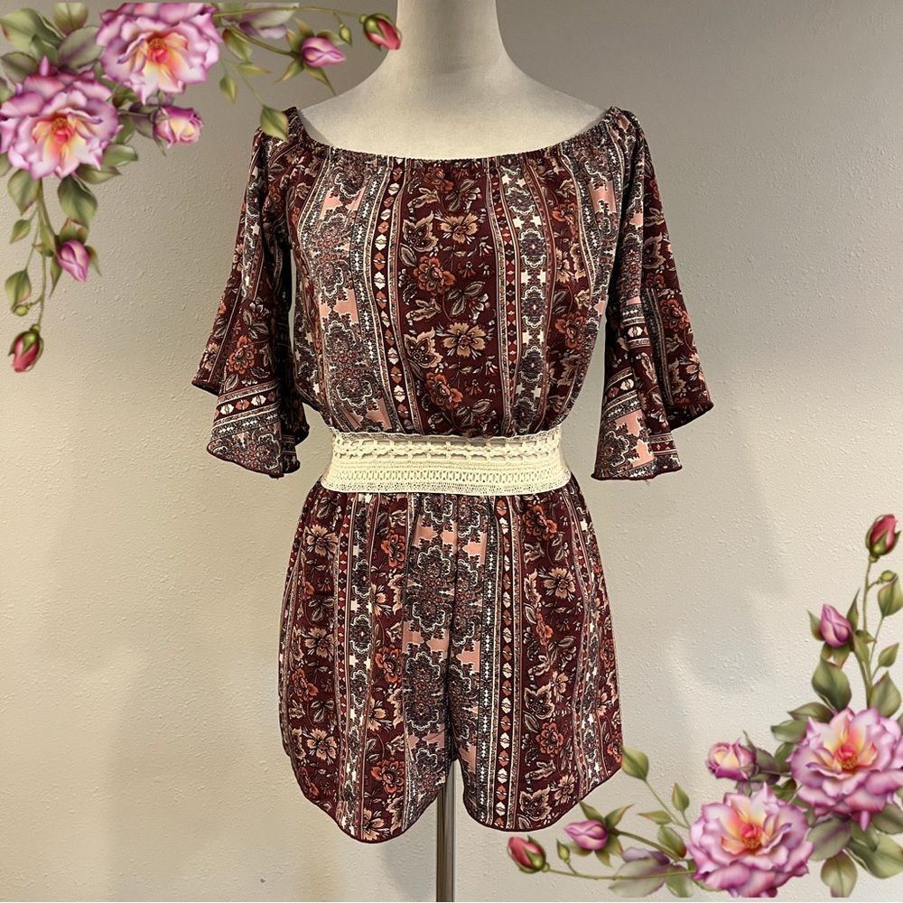 hello miss Burgundy Floral Off-Shoulder Romper with Cream Waistband